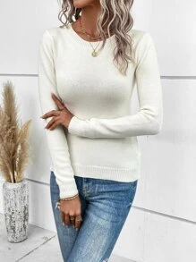 EMERY ROSE Solid Round Neck Sweater Knit Pullover Fall Winter Outfit - White - View 1