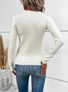 EMERY ROSE Solid Round Neck Sweater Knit Pullover Fall Winter Outfit - White - View 2