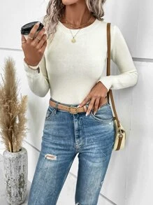 EMERY ROSE Solid Round Neck Sweater Knit Pullover Fall Winter Outfit - White - View 3