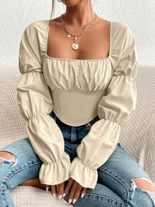 SHEIN Privé Blusa campesina con mangas abullonadas reunidas en el busto y dobladillo asimétrico - Albaricoque - Ver 5