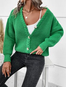 Cable Knit Drop Shoulder Cardigan - Green - View 4