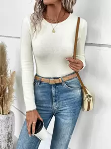 EMERY ROSE Solid Round Neck Sweater Knit Pullover Fall Winter Outfit - White - View 4