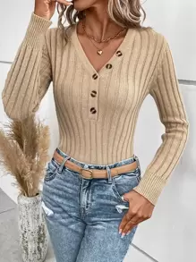 SHEIN LUNE 紐扣細節條紋針織套頭毛衣