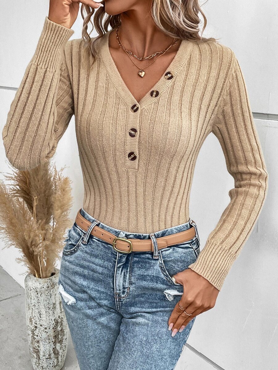 SHEIN LUNE 紐扣細節條紋針織套頭毛衣