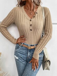 SHEIN LUNE 紐扣細節條紋針織套頭毛衣