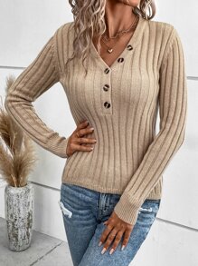 SHEIN LUNE 紐扣細節條紋針織套頭毛衣