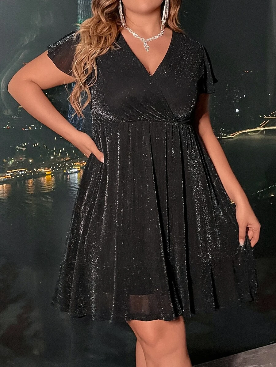 SHEIN Unity Plus Surplice Neck Butterfly Sleeve Glitter Dress - Black - View 1