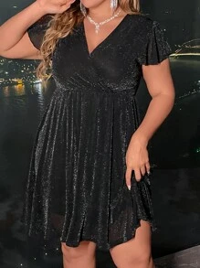 SHEIN Unity Plus Surplice Neck Butterfly Sleeve Glitter Dress - Black - View 7