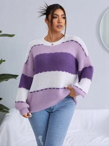 Calvaya 大碼撞色落肩袖套頭毛衣