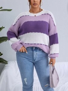 Calvaya 大碼撞色落肩袖套頭毛衣