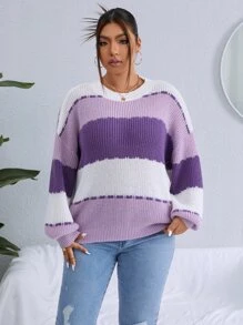 Calvaya 大碼撞色落肩袖套頭毛衣