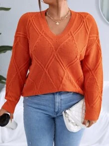 Calvaya 大码女式菱形V领长袖休闲套头毛衣，适合秋冬季针织衫 - 橘色 - 查看 5