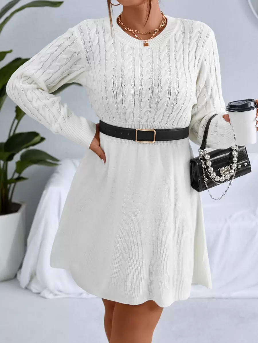 Celure Plus Cable Knit Jumper Dress Without Belt - White - View 1