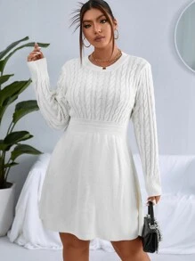Celure Plus Cable Knit Jumper Dress Without Belt - White - View 2