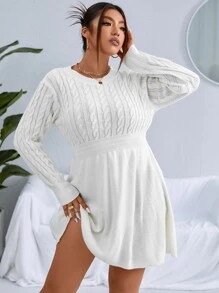 Celure Plus Cable Knit Jumper Dress Without Belt - White - View 3