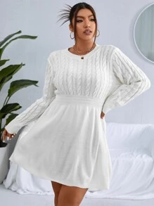Celure Plus Cable Knit Jumper Dress Without Belt - White - View 4