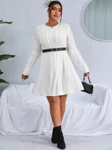 Celure Plus Cable Knit Jumper Dress Without Belt - White - View 5