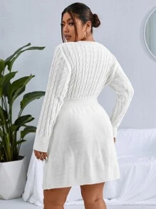 Celure Plus Cable Knit Jumper Dress Without Belt - White - View 6