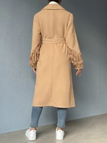 SHEIN EZwear 西裝領雙排釦腰帶花呢外套 - 駝色 - 查看 2