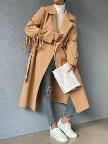 SHEIN EZwear 西裝領雙排釦腰帶花呢外套 - 駝色 - 查看 4