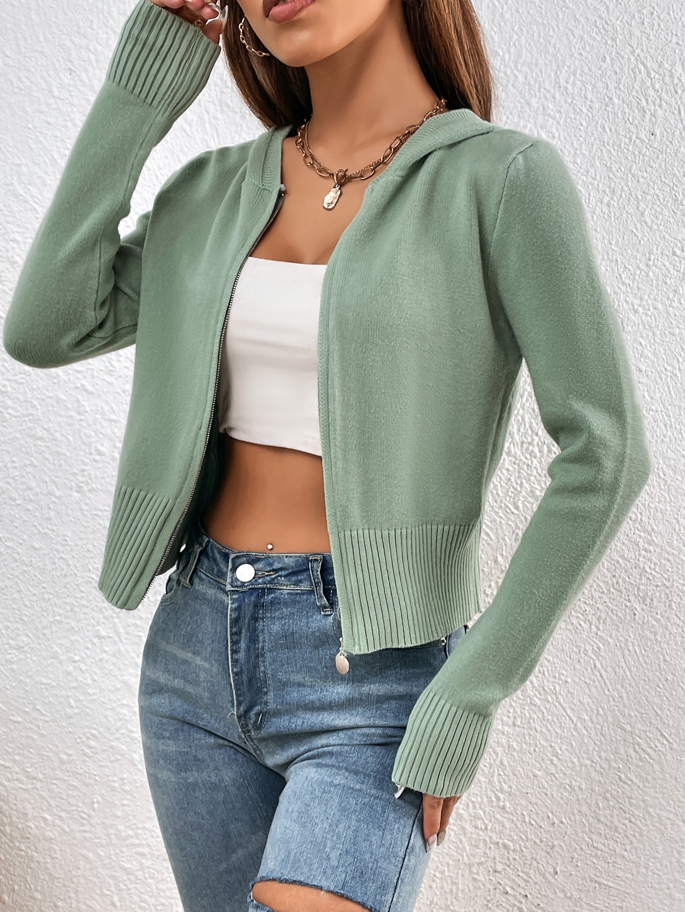 Zip Up Ribbed Knit Cardigan SHEIN USA