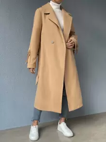 SHEIN EZwear 西裝領雙排釦腰帶花呢外套 - 駝色 - 查看 1