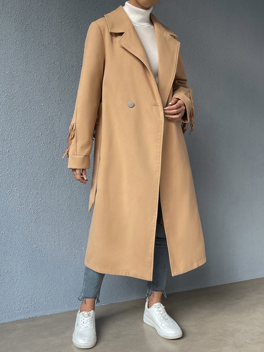 SHEIN EZwear 西裝領雙排釦腰帶花呢外套 - 駝色 - 查看 1