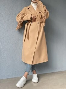 SHEIN EZwear 西裝領雙排釦腰帶花呢外套 - 駝色 - 查看 7