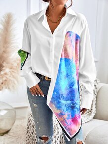 SHEIN Clasi 撞色不對稱下擺落肩袖襯衫 - 白色 - 查看 1