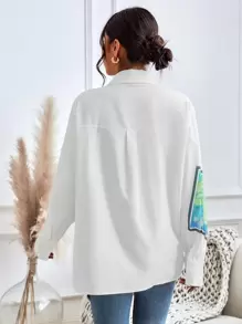 SHEIN Clasi 撞色不對稱下擺落肩袖襯衫 - 白色 - 查看 2