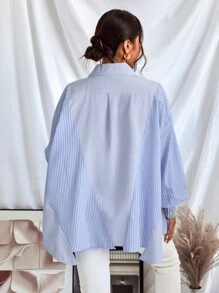 GENKIRA Striped Print Lantern Sleeve Shirt - Blue and White - View 2