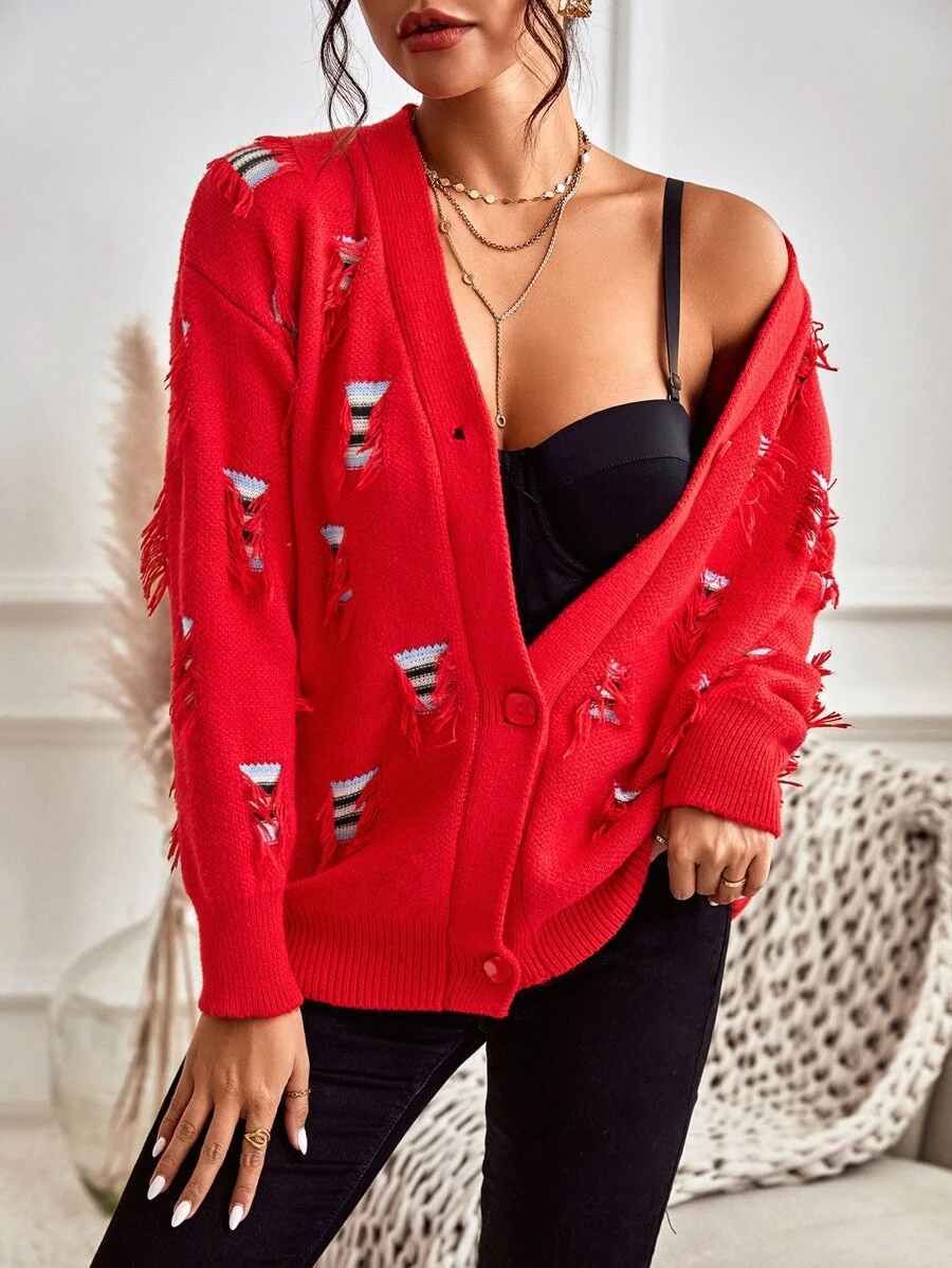 GENKIRA 仿舊落肩袖開襟衫 - 紅色 - 查看 1