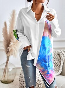 SHEIN Clasi 撞色不對稱下擺落肩袖襯衫 - 白色 - 查看 3