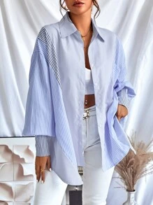 GENKIRA Striped Print Lantern Sleeve Shirt - Blue and White - View 3