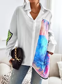 SHEIN Clasi 撞色不對稱下擺落肩袖襯衫 - 白色 - 查看 4