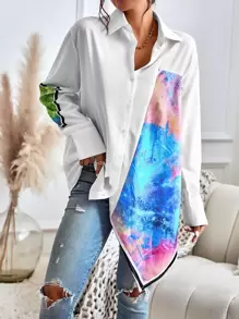 SHEIN Clasi 撞色不對稱下擺落肩袖襯衫 - 白色 - 查看 5