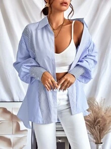 GENKIRA Striped Print Lantern Sleeve Shirt - Blue and White - View 5