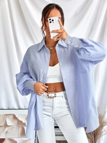 GENKIRA Striped Print Lantern Sleeve Shirt - Blue and White - View 6