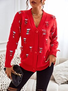 GENKIRA 仿舊落肩袖開襟衫 - 紅色 - 查看 5