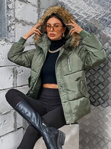 SHEIN BAE 女士加厚拉链连帽外套，纯色长袖休闲冬季 - 軍綠色 - 查看 3