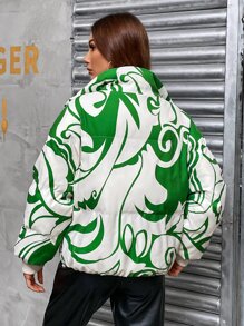 Random Print Stand Collar Padded Padded Coat, Winter Clothes Fashion - Green - View 2