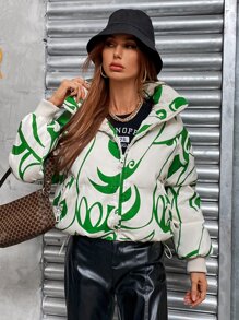 Random Print Stand Collar Padded Padded Coat, Winter Clothes Fashion - Green - View 3