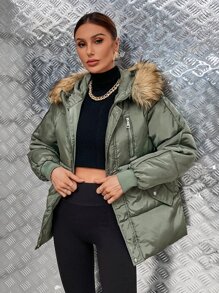 SHEIN BAE 女士加厚拉链连帽外套，纯色长袖休闲冬季 - 軍綠色 - 查看 4