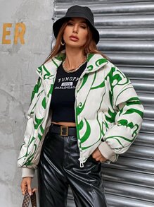 Random Print Stand Collar Padded Padded Coat, Winter Clothes Fashion - Green - View 4