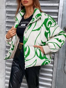Random Print Stand Collar Padded Padded Coat, Winter Clothes Fashion - Green - View 5