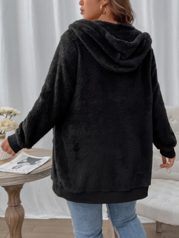 SHEIN LUNE Plus Drawstring Hooded Zipper Teddy Coat SHEIN USA