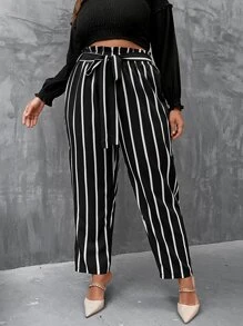 Plus Vertical Striped Paperbag Waist Belted Trousers - Black - View 1