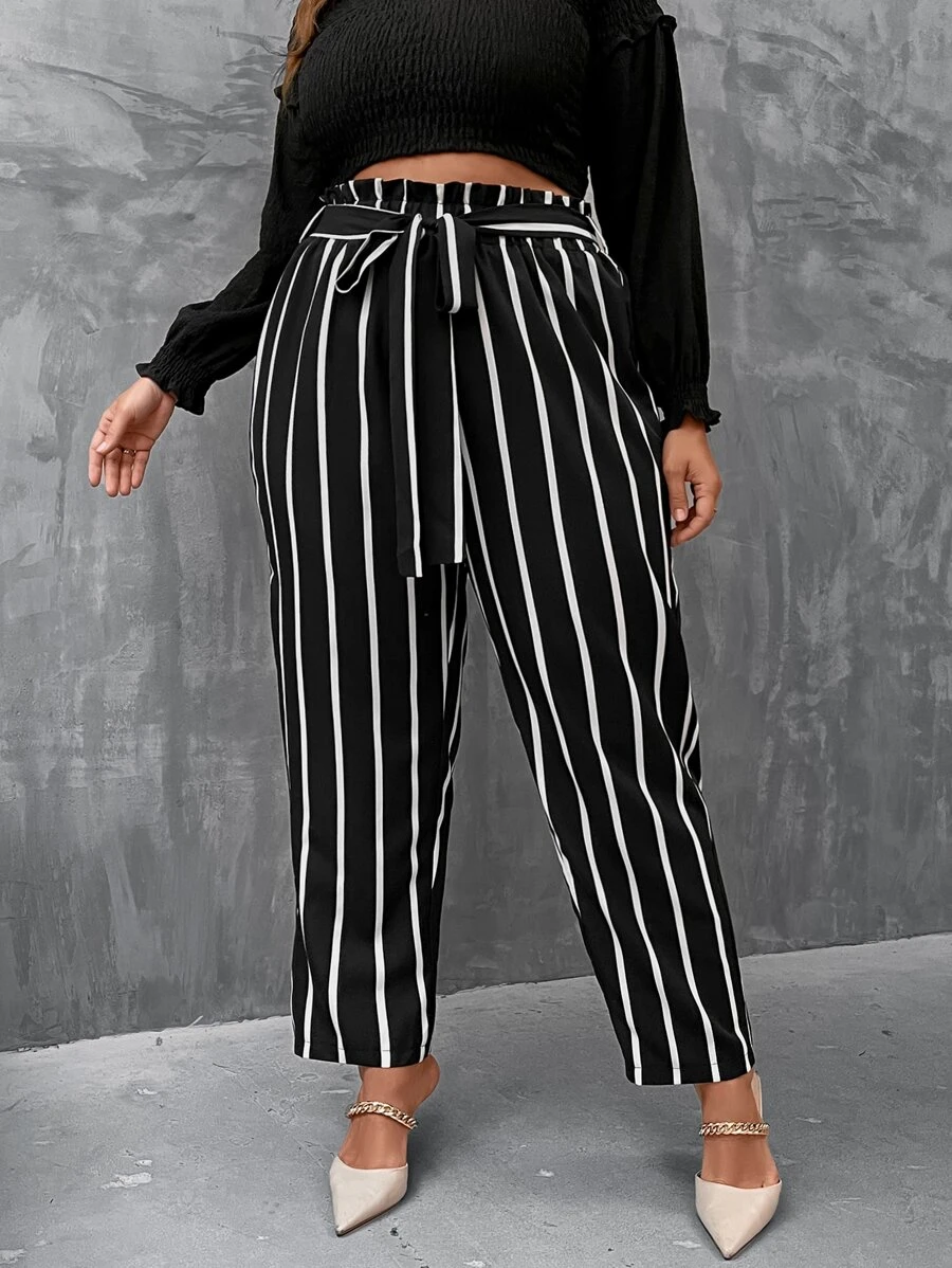 Plus Vertical Striped Paperbag Waist Belted Trousers - Black - View 1