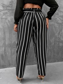 Plus Vertical Striped Paperbag Waist Belted Trousers - Black - View 2