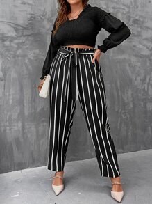 Plus Vertical Striped Paperbag Waist Belted Trousers - Black - View 4